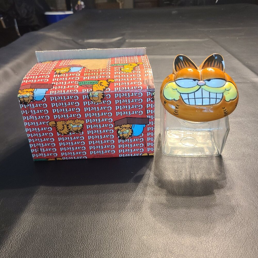 Enesco Garfield Orange Cat Ceramic Glass Candy / Trinket Jar Smile Head Lid Vtg